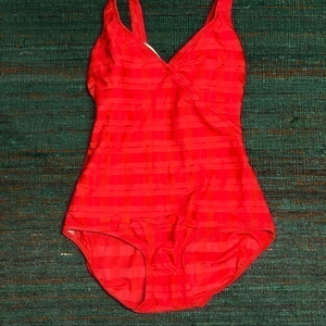 80’s/90’s vtg GOTEX‎ swimsuit red w/plaid texture